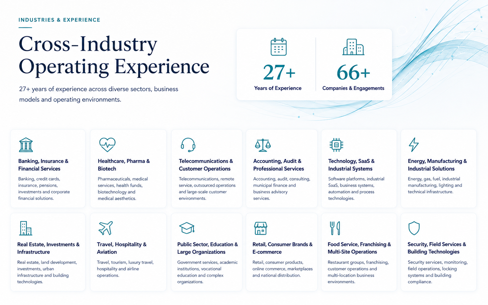 Cross-industry operating experience across 12 business sectors, with 27+ years of experience and 66+ companies and engagements.